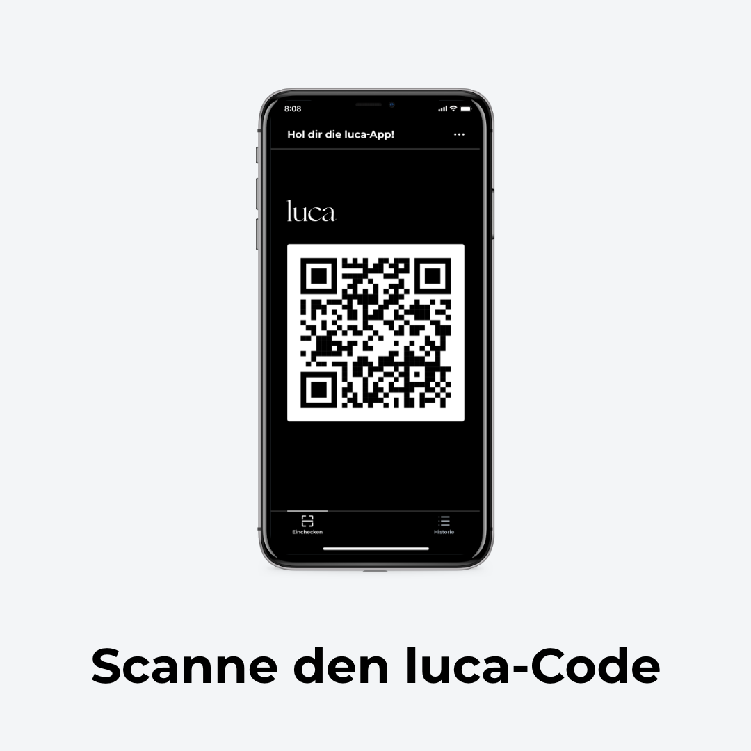 Ein Smartphone in dessen Mitte sich der QR-Code für die Luca App befindet