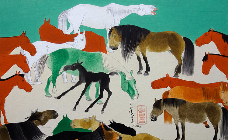 Abbildung Pferde vor türkisen Hintergrund: Zum Vergrößern auf Bild klicken