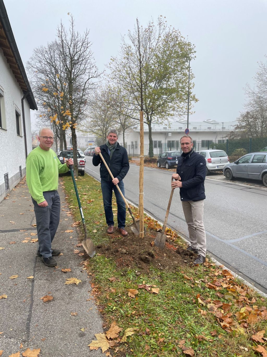 Erster Bürgermeister Robert Pötzsch pflanzt gemeinsam mit dem Referent für Umwelt-, Natur- und Tierschutz Wolfgang Hintereder und Stadtgärtner Christian Stöckl die erste von 20 Winterlinden im Stadtgebiet.