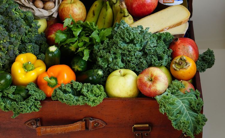 Ein Koffer gefüllt mit paprika, Kräutern, Gemüse und Obst: Zum Vergrößern auf Bild klicken