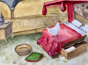 Schlafgemach: Bett mit rotem Baldachin und roter Decke auf der ein weißes Huhn steht