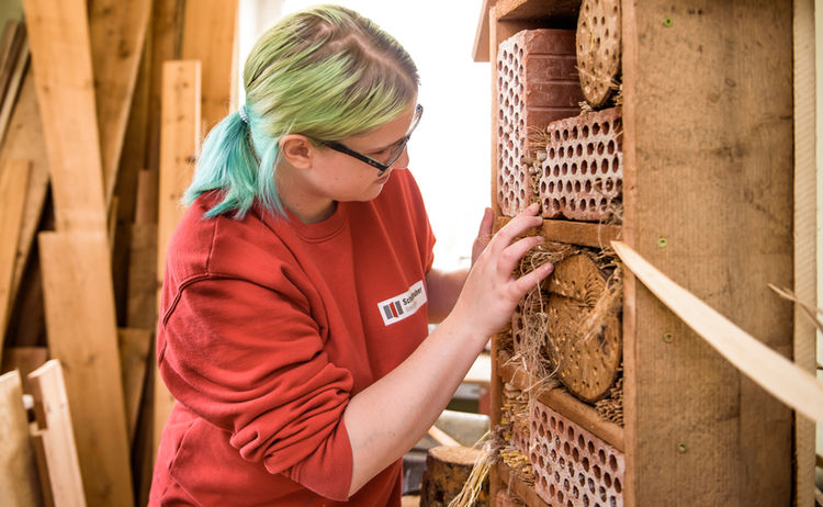 Eine Auszubildende baut eine Bienenwabe: Zum Vergrößern auf Bild klicken