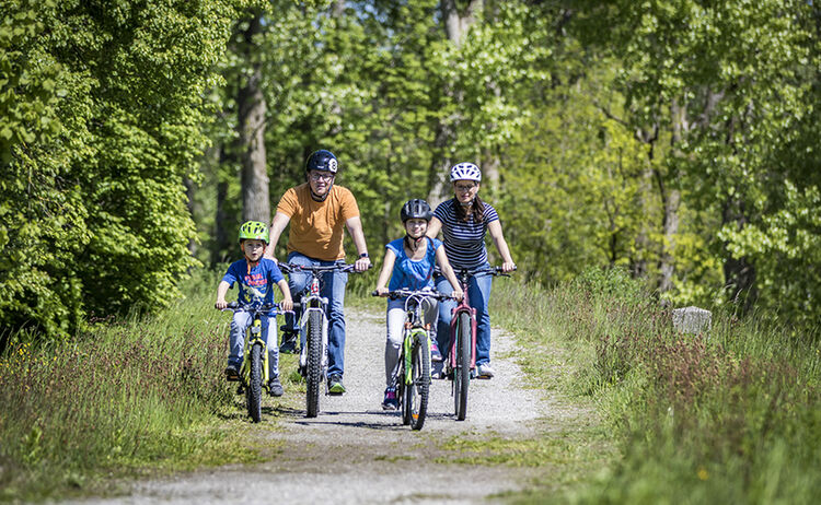 Eine vierköpfige Familie fährt am Inn Fahrrad