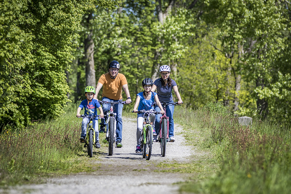 Eine vierköpfige Familie fährt am Inn Fahrrad