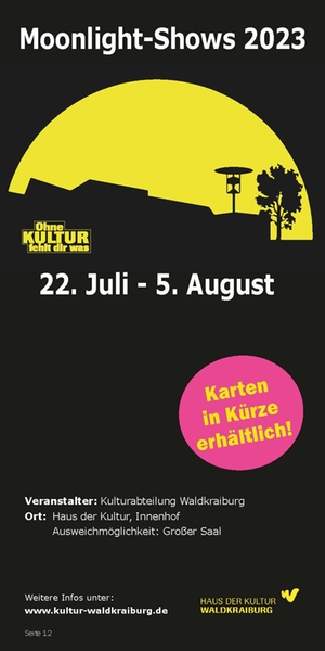 Flyer Moonlight Shows schwarze Stadt vor gelben Mond Flyer Moonlight Shows schwarze Stadt vor gelben Mond