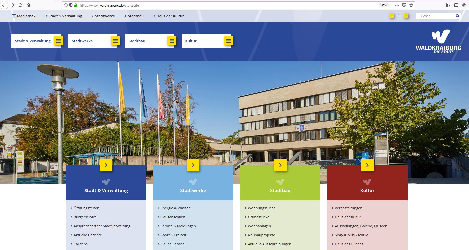 Screenshot der neuen Startseite der neuen Homepage der Stadt