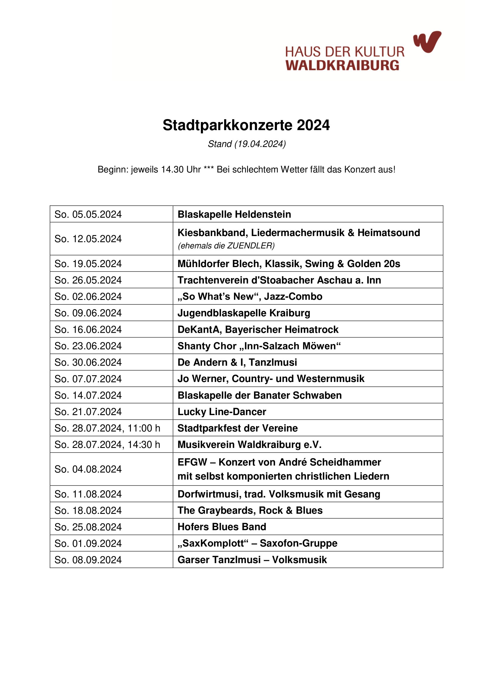 Stadtparkkonzerte 2024 - Terminübersicht