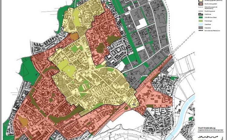 Lageplan mit den Bereichen des Sanierungsgebietes: Zum Vergrößern auf Bild klicken