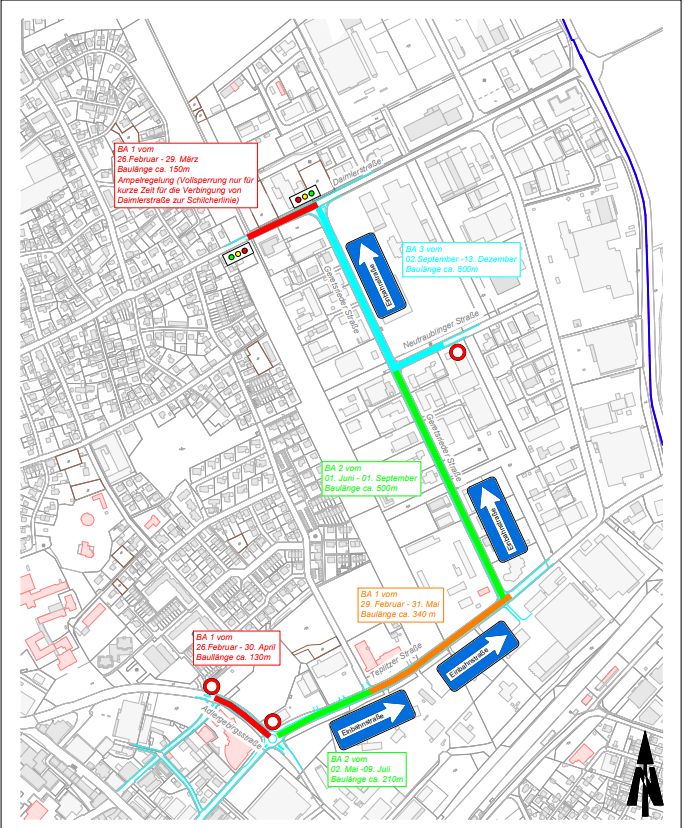 Der Umleitungsplan der Großbaustelle im Industriegebiet