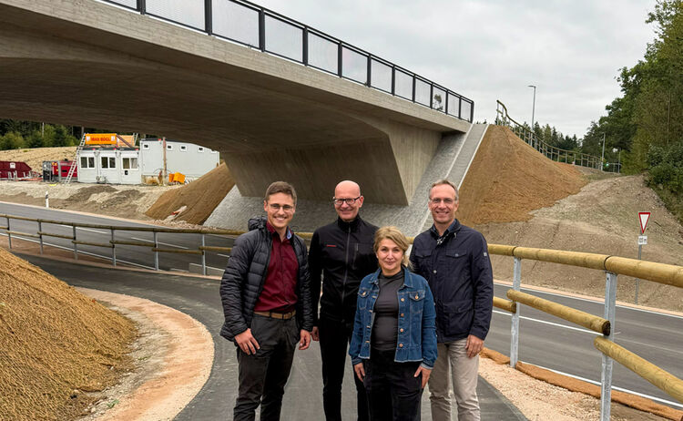 v.l. Christoph Berger, Carsten Schwunck, Nejla Nayki aus der Verkehrsbehörde sowie Erster Bürgermeister Robert Pötzsch (rechts) machen sich ein Bild vorort.: Zum Vergrößern auf Bild klicken